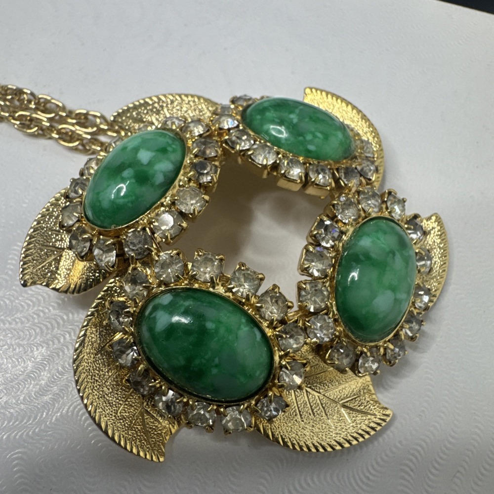 Vintage Gold tone Four Green Marbled Glass Cabochon Rhinestone Pendant 2 1/8"